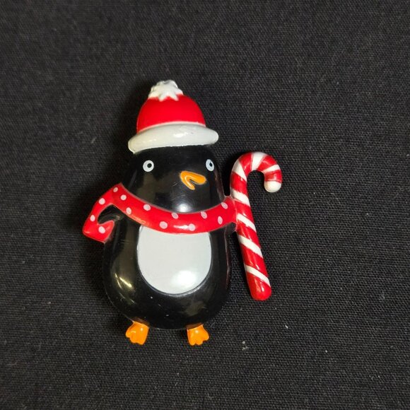 Vintage Plastic Penguin Holiday Brooch With Candy Cane & Red Scarf - Picture 1 of 5